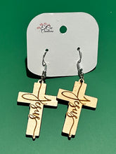 Load image into Gallery viewer, Jesus Engraved Wood Crucifix Earrings