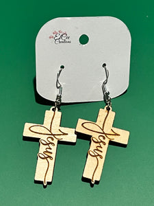 Jesus Engraved Wood Crucifix Earrings