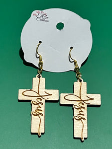 Jesus Engraved Wood Crucifix Earrings