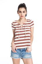 Stripe Jersey Rib Front Lace-Up Top