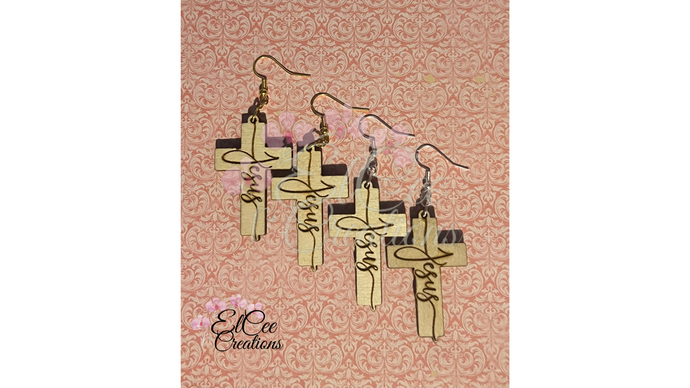 Jesus Engraved Wood Crucifix Earrings