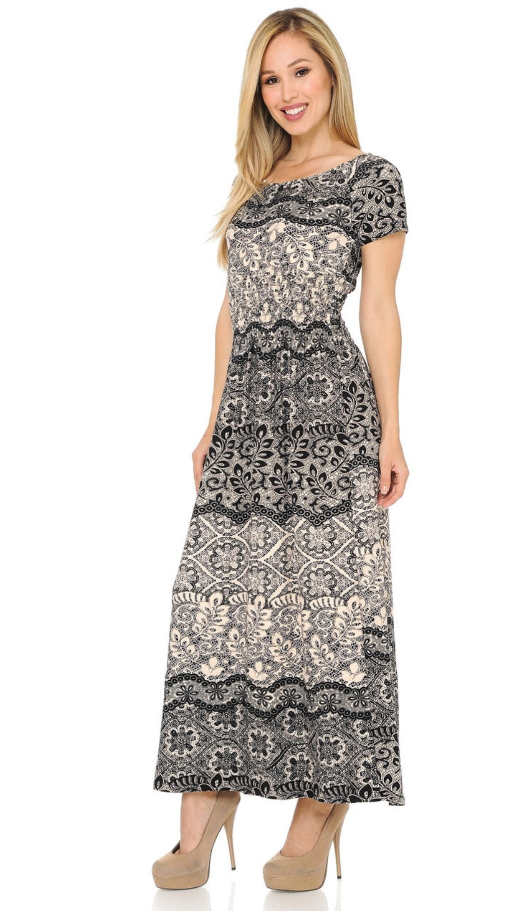 Buttery Soft Short Sleeve Exquisite Leaf Maxi Dress