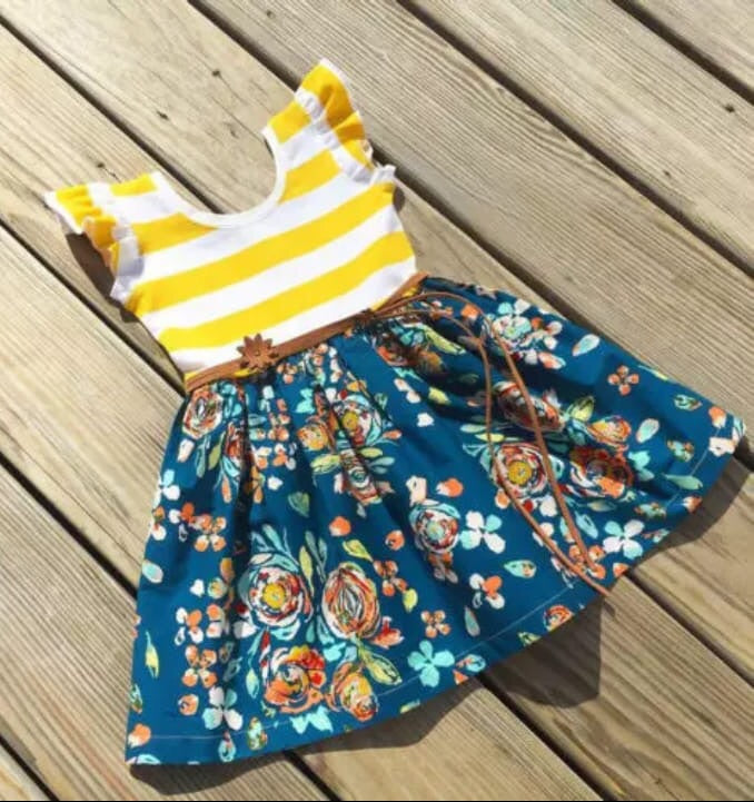 Yellow Stripe with Floral skirt Dress
