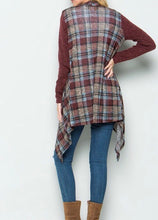 Load image into Gallery viewer, Color Block Plaid Open Cardigan ~ Blue &amp; Burgundy